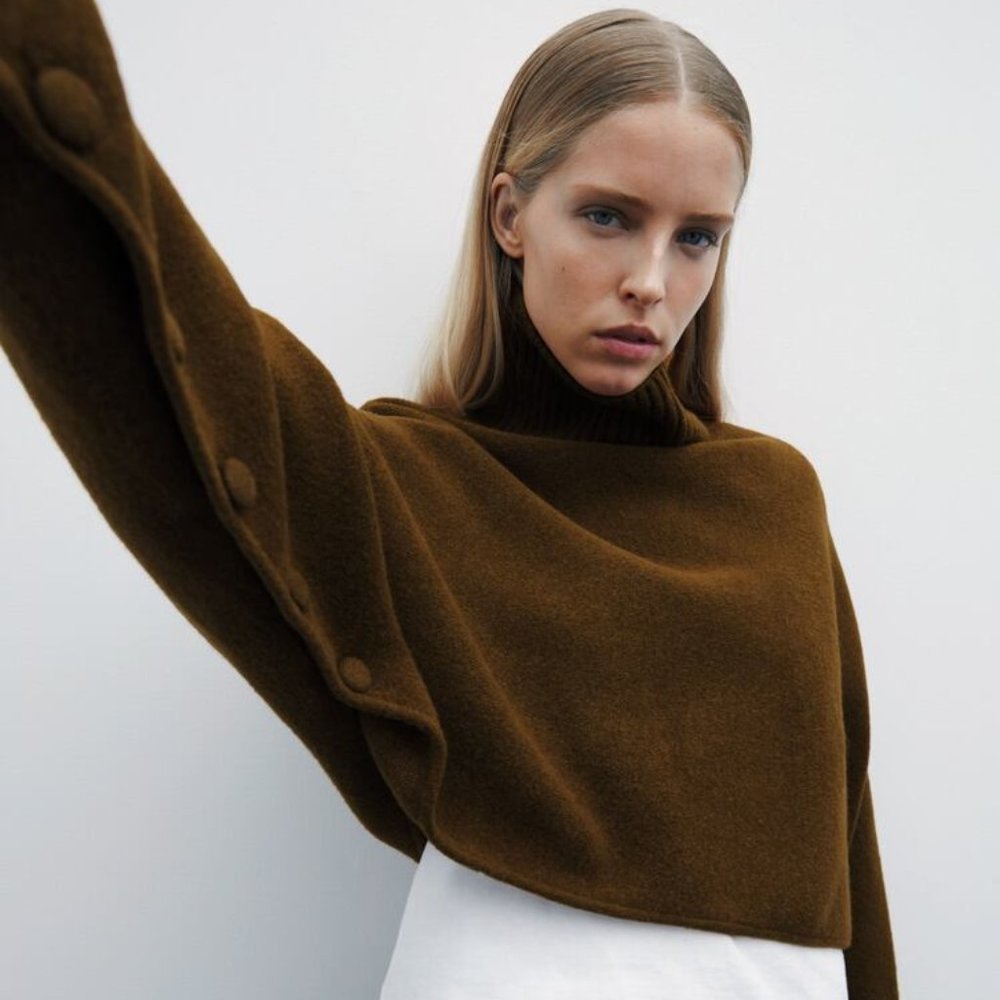 ZARA Brown Knit Turtleneck Crop Sweater with Button Sleeves Size Medium